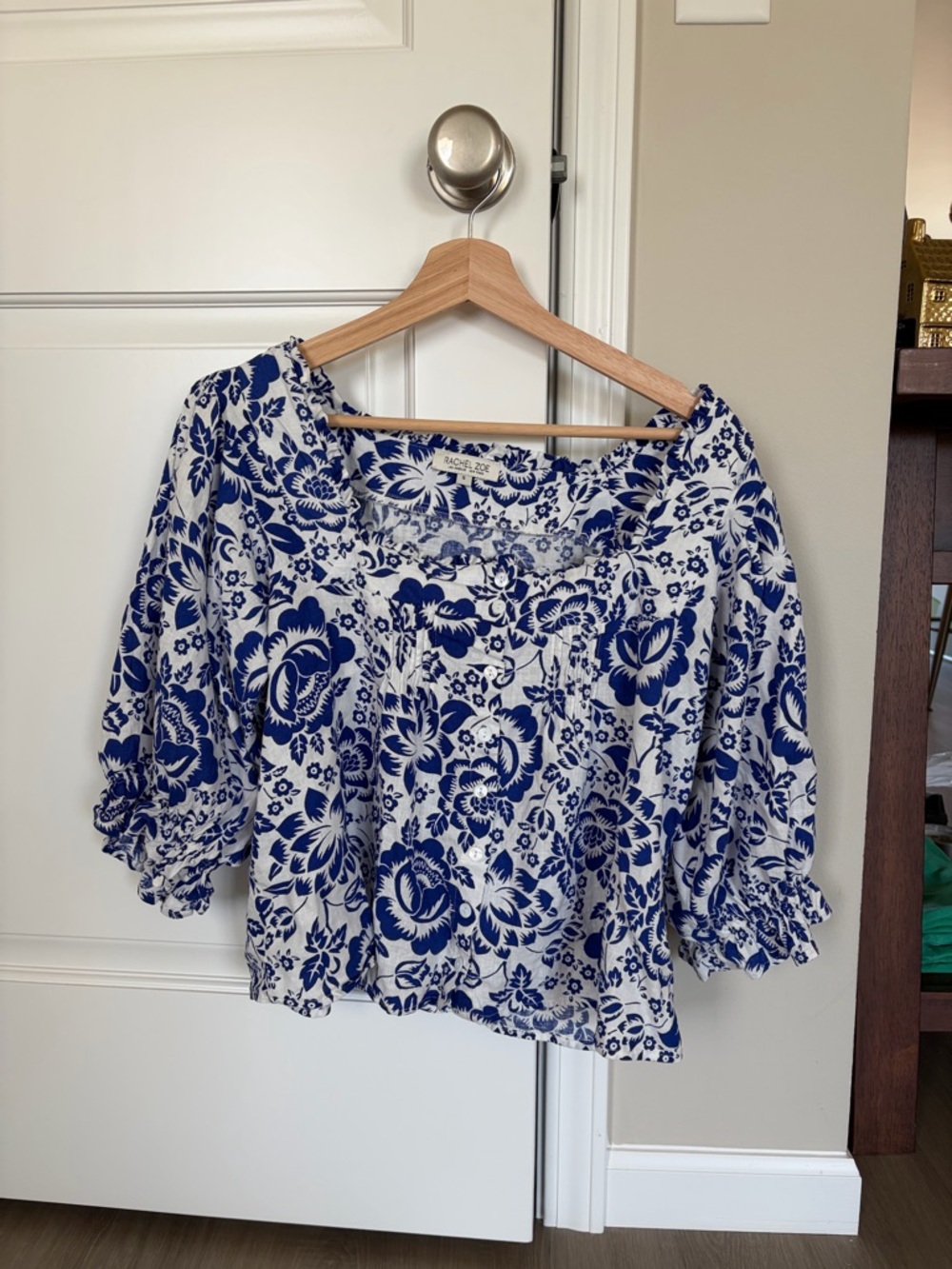Blue and White Floral Square-Neck Blouse